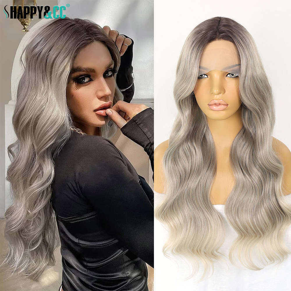 Ash Brown T Part Synthetic Lace Wigs Body Wavy Dark Roots Ombre Blonde Colored Pre Plucked Cosplay Heat Resistant Wig Daily