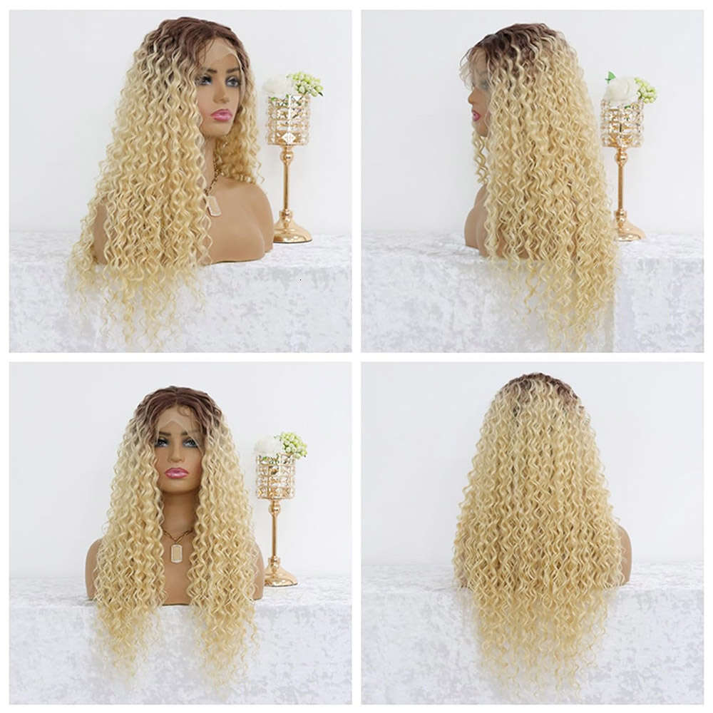 Ash Lace Front Curly Synthetic Wigs For Women Deep Wave Dark Roots Blonde Colored Wig Glueless Heat Resistant Hair