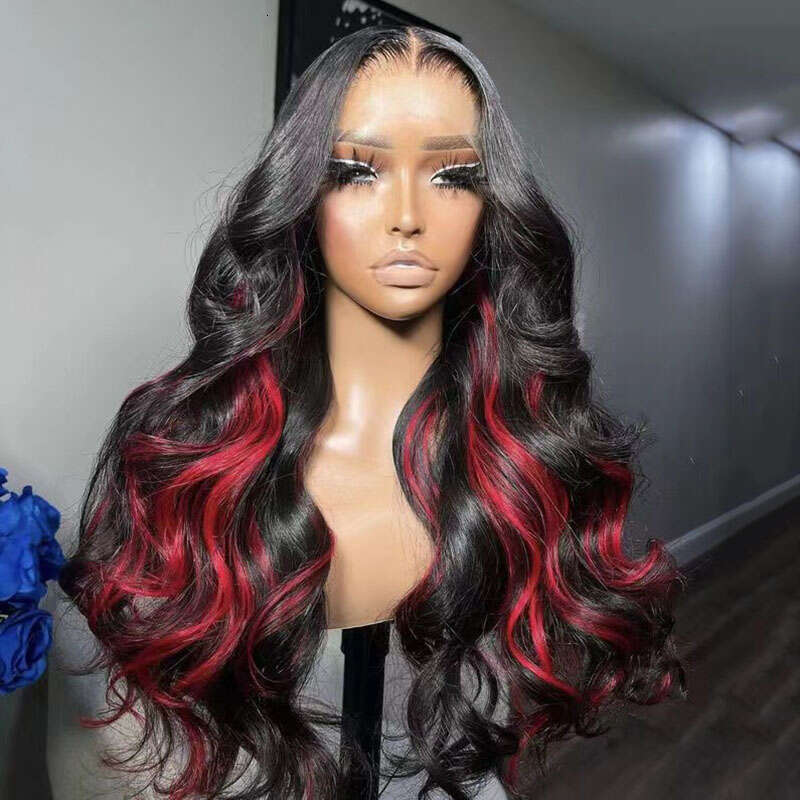 AIMEYA Black Long Wave With Red Highlights Synthetic Lace Front For Women Daily Use Cosplay Wig Heat Resistant Hair