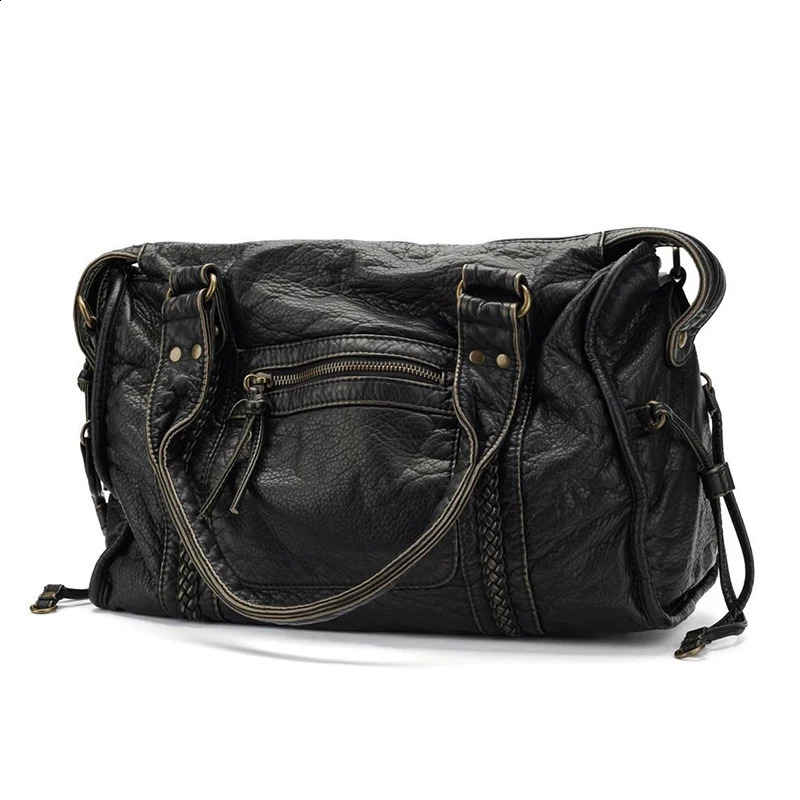 French Retro Motorcycle Bag Single Shoulder Crossbody Tote Bag Women Large Capacity Washed Soft Leather Bag 240913