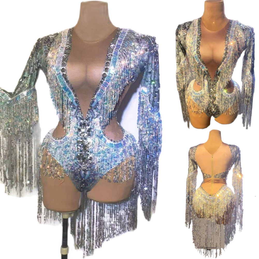 Sparkg Sier Women Stretch Dance Fringes Bodysuit Club Bar Singer Leotard Stage Wear Rhie Sequin Tassel Party Jumpsuit