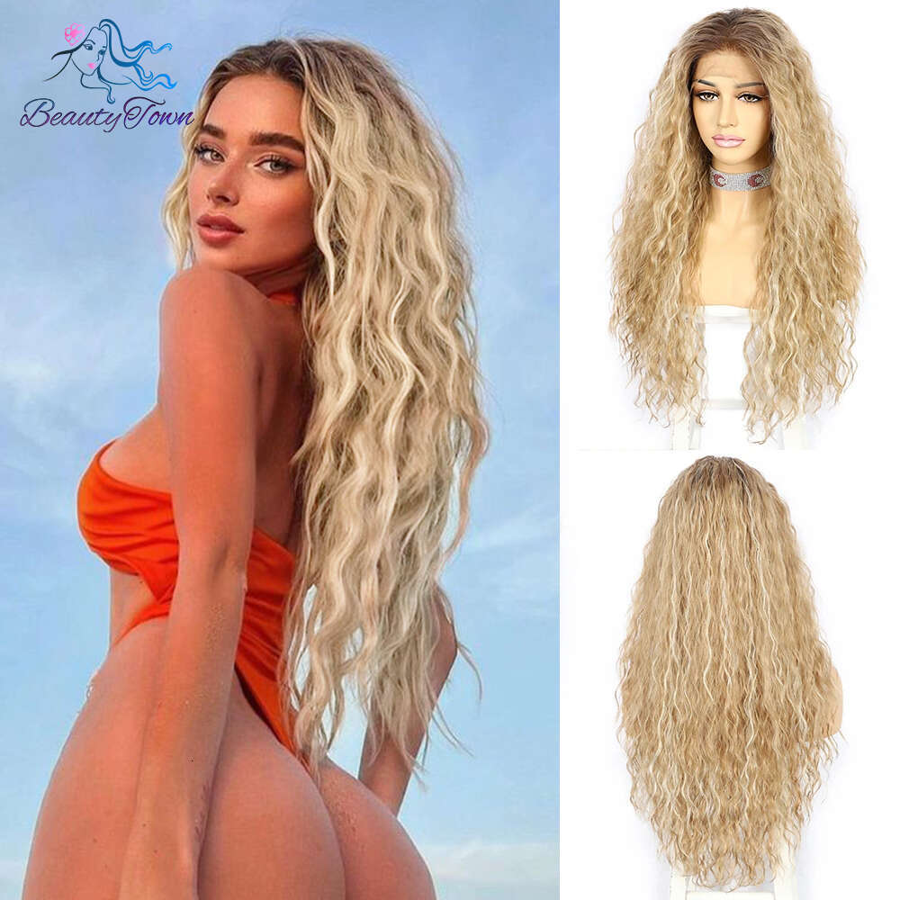 Long Inche Blonde Synthetic 13X3 613 Grey Brown Ginger Kinky Curly HD Transparent Lace Front Cosplay Wig