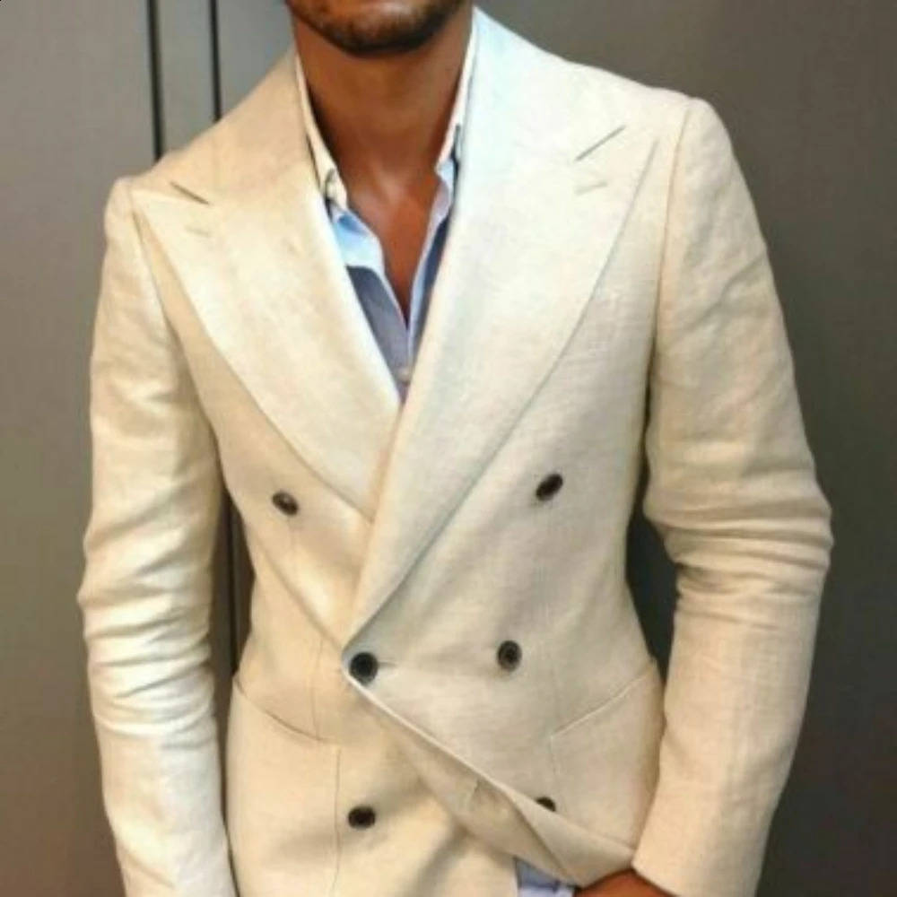 SILIWEYA Solid Color Mens Suits 2 Piece Set Beige Double Breasted Linen Summer Suit Jacket Tuxedo Formal Dinner Male Blazer 240914