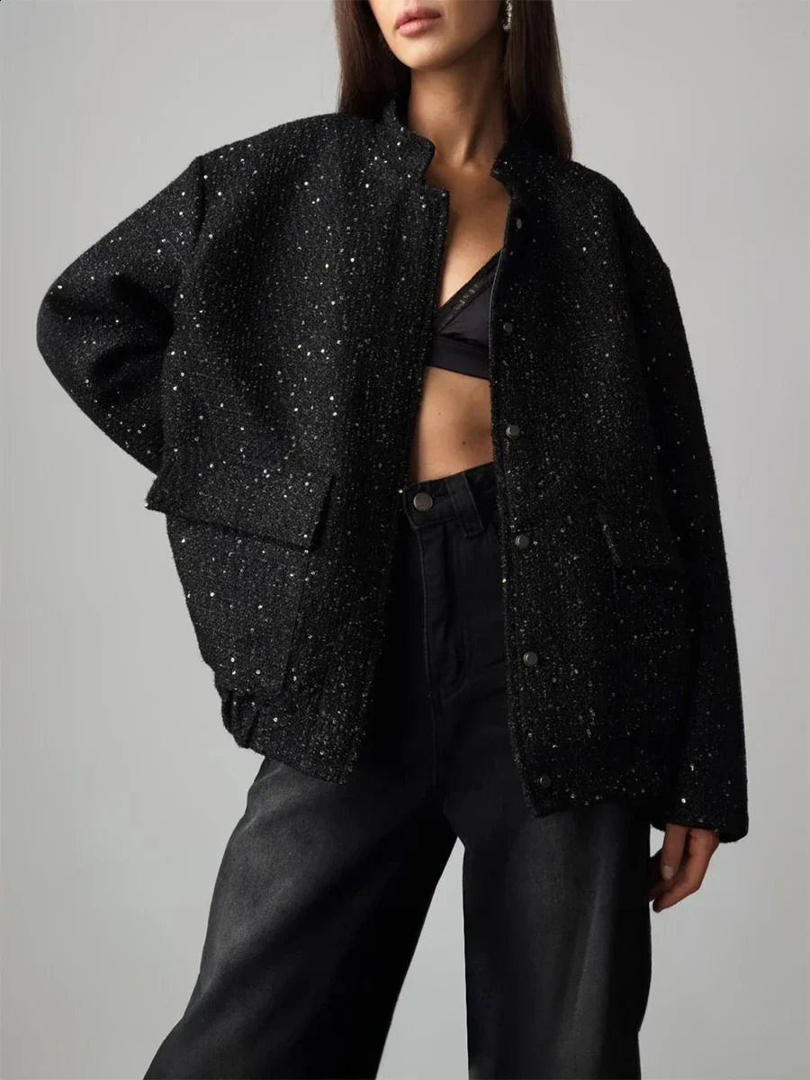 Bornladies Loose Tweed Sequin Jacket Women Fashion Coat Trend Versatile Warm Chic Elegant Female Coats Stylish Woman Clothes 240911