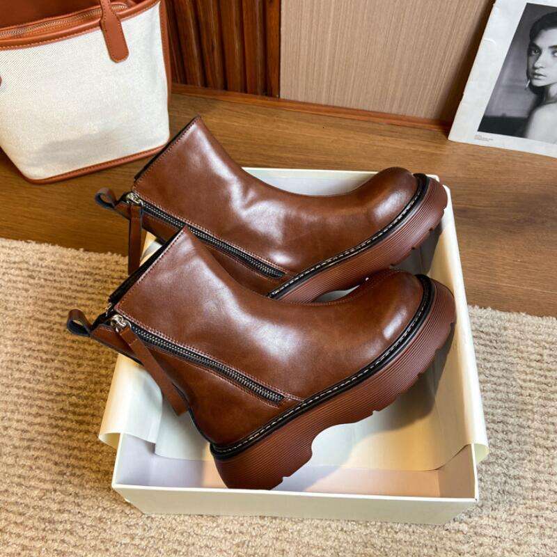 CICIYANG Women Winter British Style Short 2024 Chunky Genuine Leather Marton Autumn Ladies Ankle Boots Black