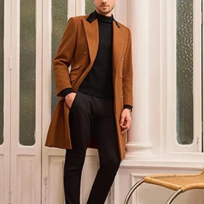 Highend Mens Fashion Solid Color Mediumlength Woolen Trench European Casual Overcoat 240905