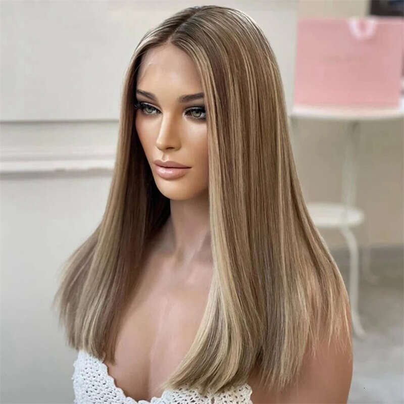 Frontal Long Straight Ombre Brown Colored For Women 13X4 Synthetic Lace Front Wigs HD Pre Plucked Natural Looking Wig