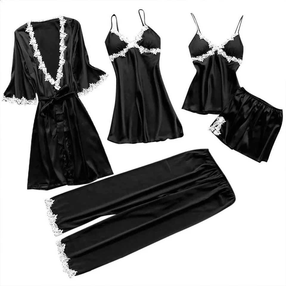 5 Pieces Sets Sexy Five-Piece Pajamas Womens Summer Half Sleeve Bridal Gown plus Size Homewear Nightgown Bathrobe Sleepwear 240913