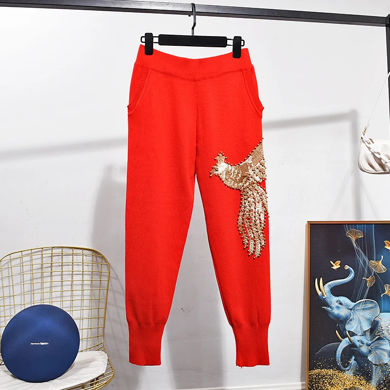 Red Black Gray White Knitted Set Women Manual Sequins Phoenix Sweater Harem Pants Two Piece Outfits Female Tracksuit Knit Suit 240905