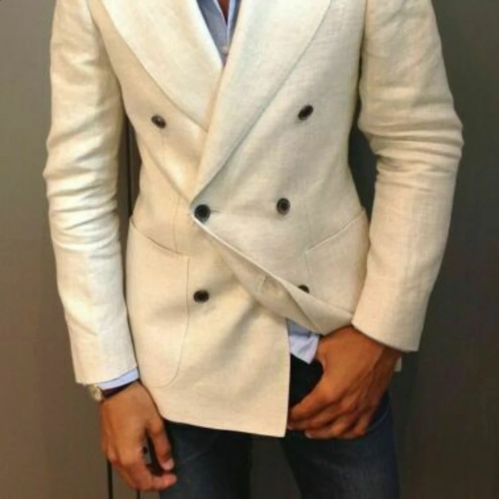 SILIWEYA Solid Color Mens Suits 2 Piece Set Beige Double Breasted Linen Summer Suit Jacket Tuxedo Formal Dinner Male Blazer 240914