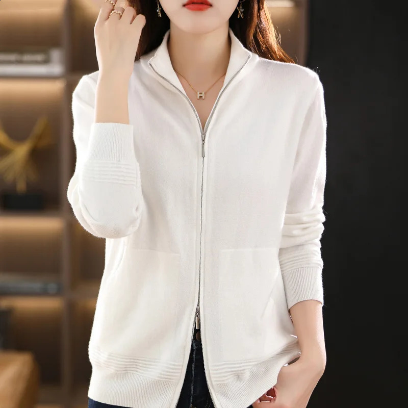 Autumn Winter Women Wool Sweater Clothing Cuff Thread Double Zipper Cardigan Fashion Female Casual Knitted Tops Soft Jacket 240904