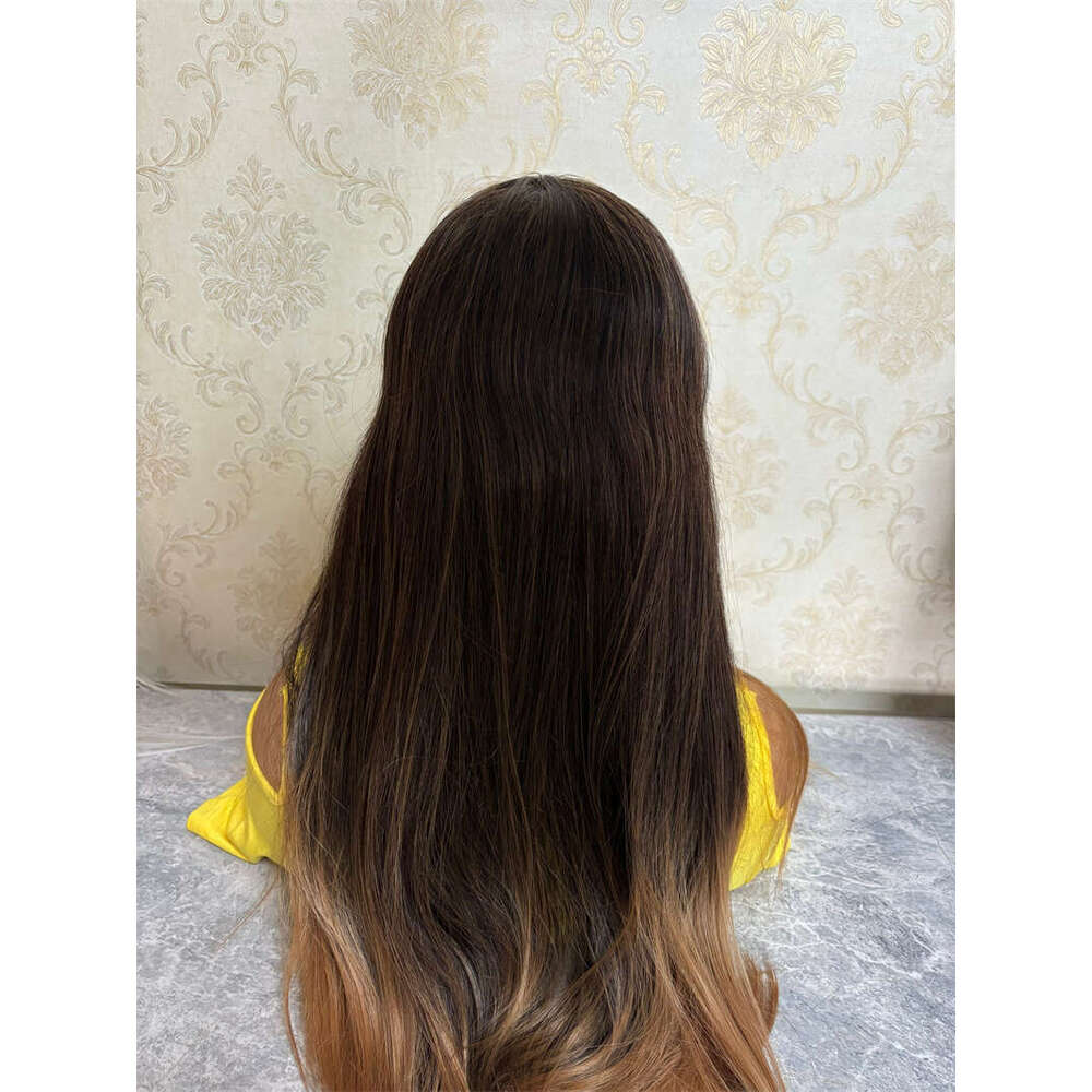 Soft Long Glueless Yaki Ombre Brown 26Inch HD Straight Lace Front Wig For Women With Baby Hair Synthetic Preplucked Daily
