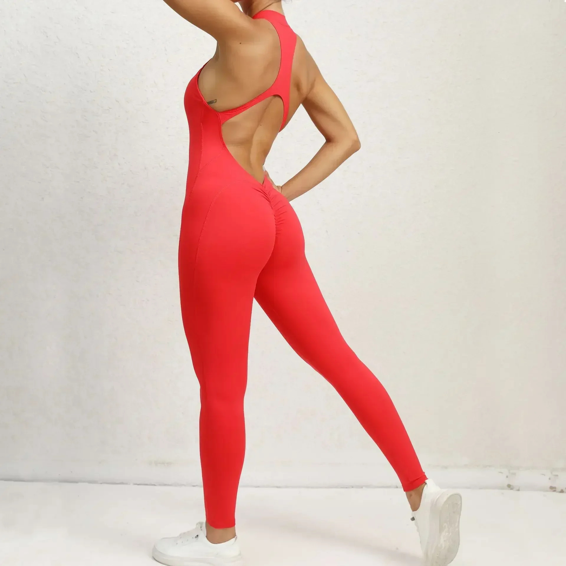 Sexy Hollow Backless Scrunch Sporty Jumpsuit Raises Butt Woman Gym Set One Piece Sport Suit Sleeveless Zip Yoga Fiess Overalls