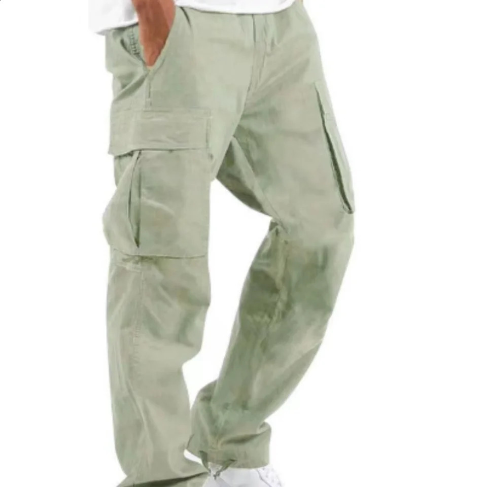 Spring and autumn mens fashion leisure cargo pants multi-pocket solid color polyester fiber pure cotton 9 minute pants 240911