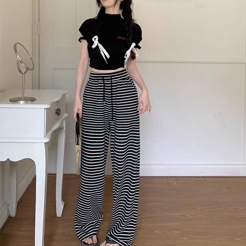 White striped wide-leg pants women's summer 2024 new high waist drape loose straight narrow version sports casual pants.