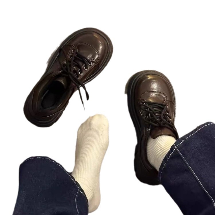 Women's Retro Thick Sole Leather Lace-Up Casual Round Toe Shoes - Spring 2024 5bd0