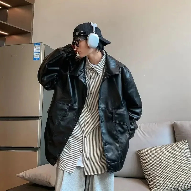 Trendy Korean Style Spring Autumn Flying Aviation Pilot Jacket Loosefit Mens Leather Biker Versatile Pu Coat 240905