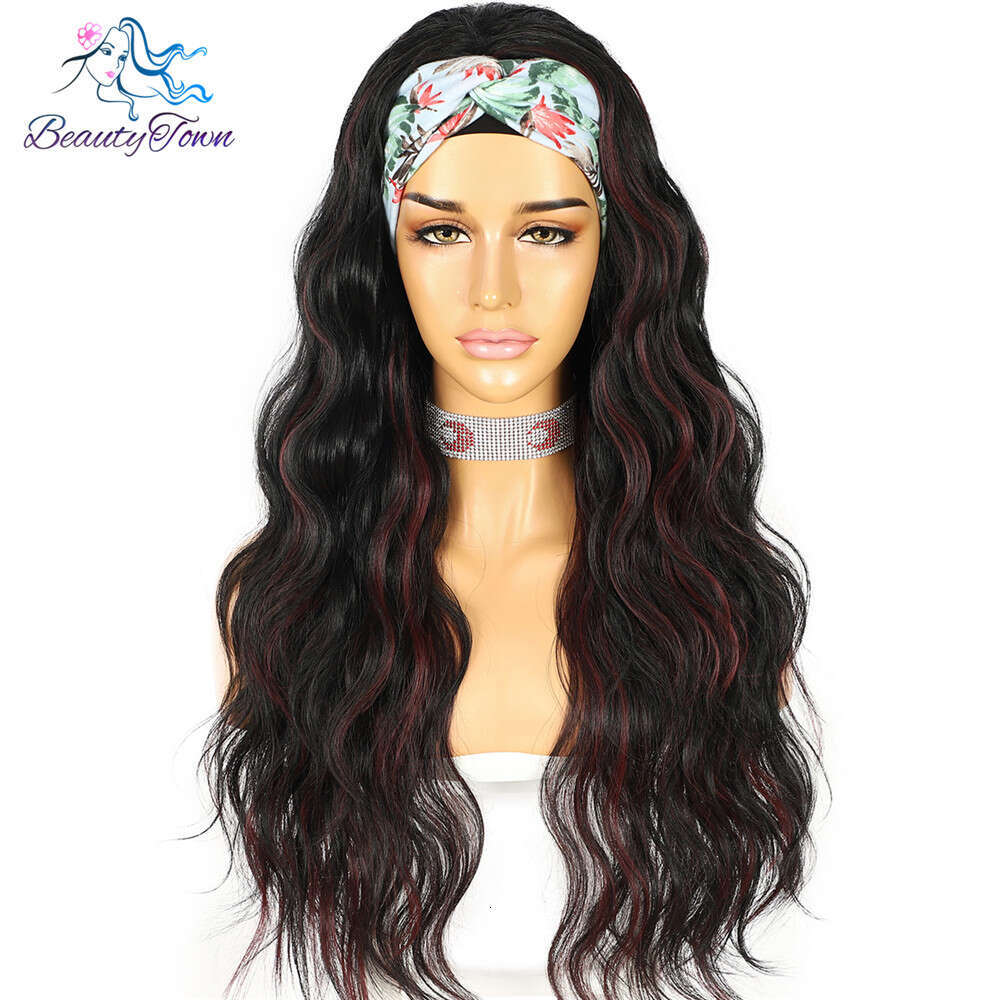 Long Water Wave Headband Women Black Mix Red Daily Makeup Wedding Party Holidays Glueless Wig 2 Free Bands Gift For Girl