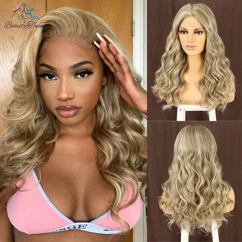 Honey Blonde Ombre Colored Synthetic Front Highlight HD Transparent Lace Frontal Wavy Body Wave Full Cosplay Wig