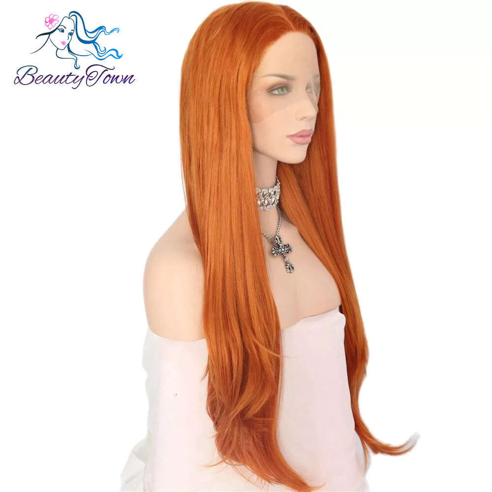 Beautytown Ginger Orange 13X3 Synthetic Lace Front For Women Straight Cheaper Natural Wig Heat Resistant Fiber Cosplay