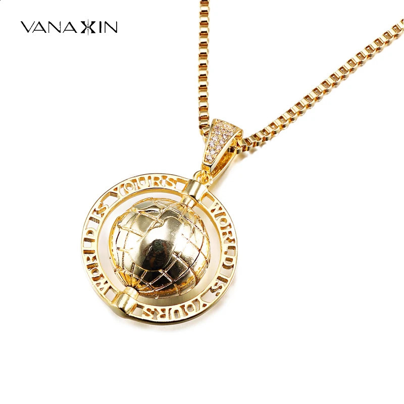 VANAXIN Vintage Globe Earth Tellurion Cubic Zircon Hip Hop Pendant Necklace Chain Gold Silver Color Christmas Gift For Women Men 240911