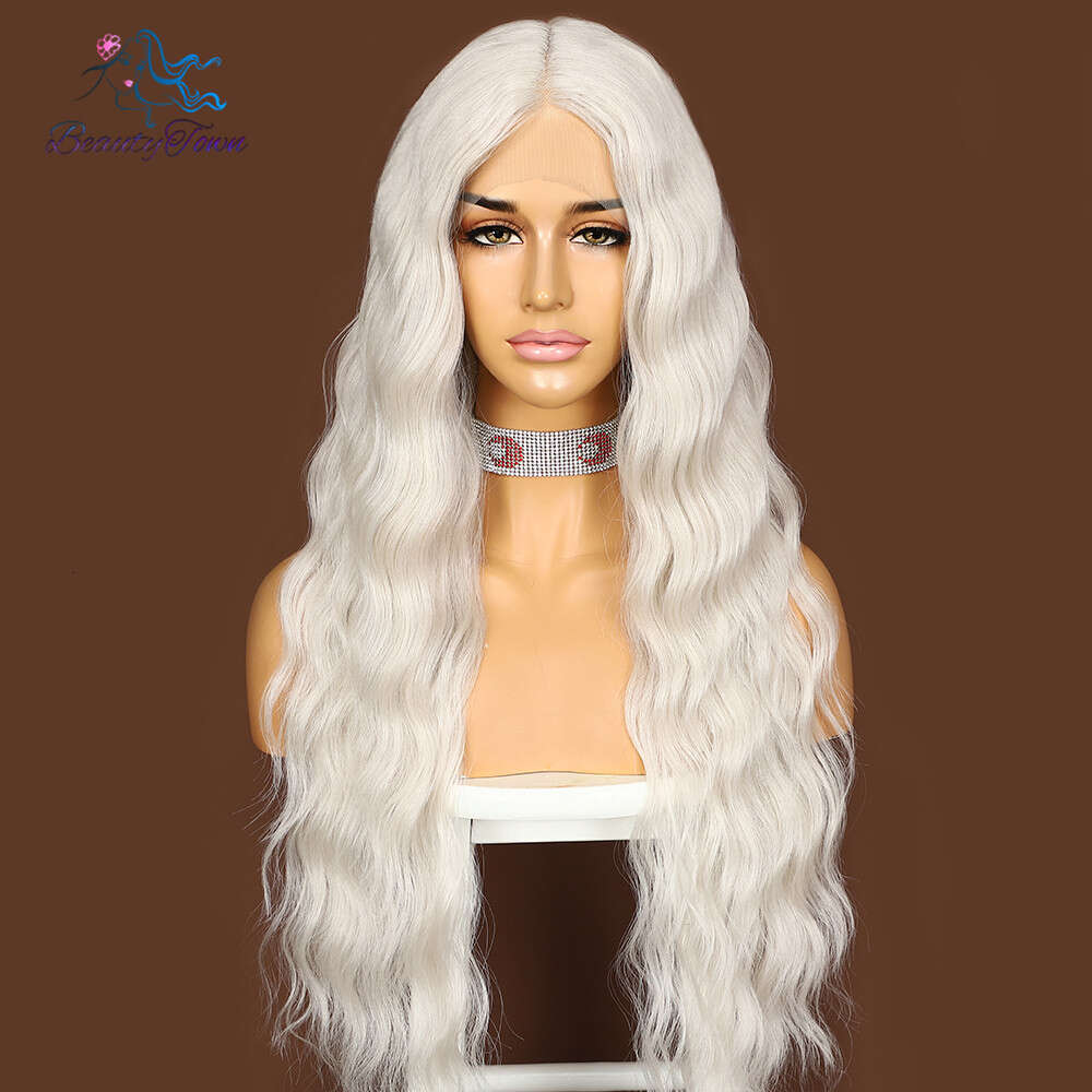 Synthetic Long Water Wave Ash White For Women Daily Makeup Girls Cosplay Party Wedding Deep T Middle Part Lace Wig