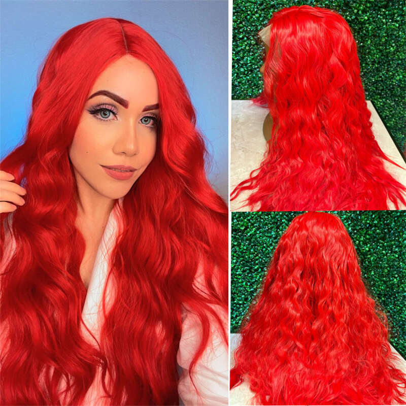Synthetic Cosplay Wig Red Body Wave Heat Fiber HD Transparent Lace Front Wigs Natural Haire Women Makeup Hair