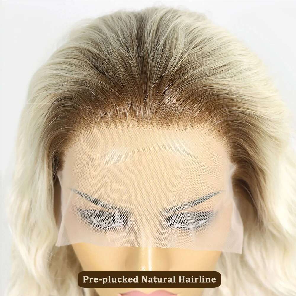 Ombre Blonde Deep Wave Bob Synthetic Lace Front Wigs Short Water Wavy Dark Roots 613 Colored Cosplay Glueless Wig 16Inches