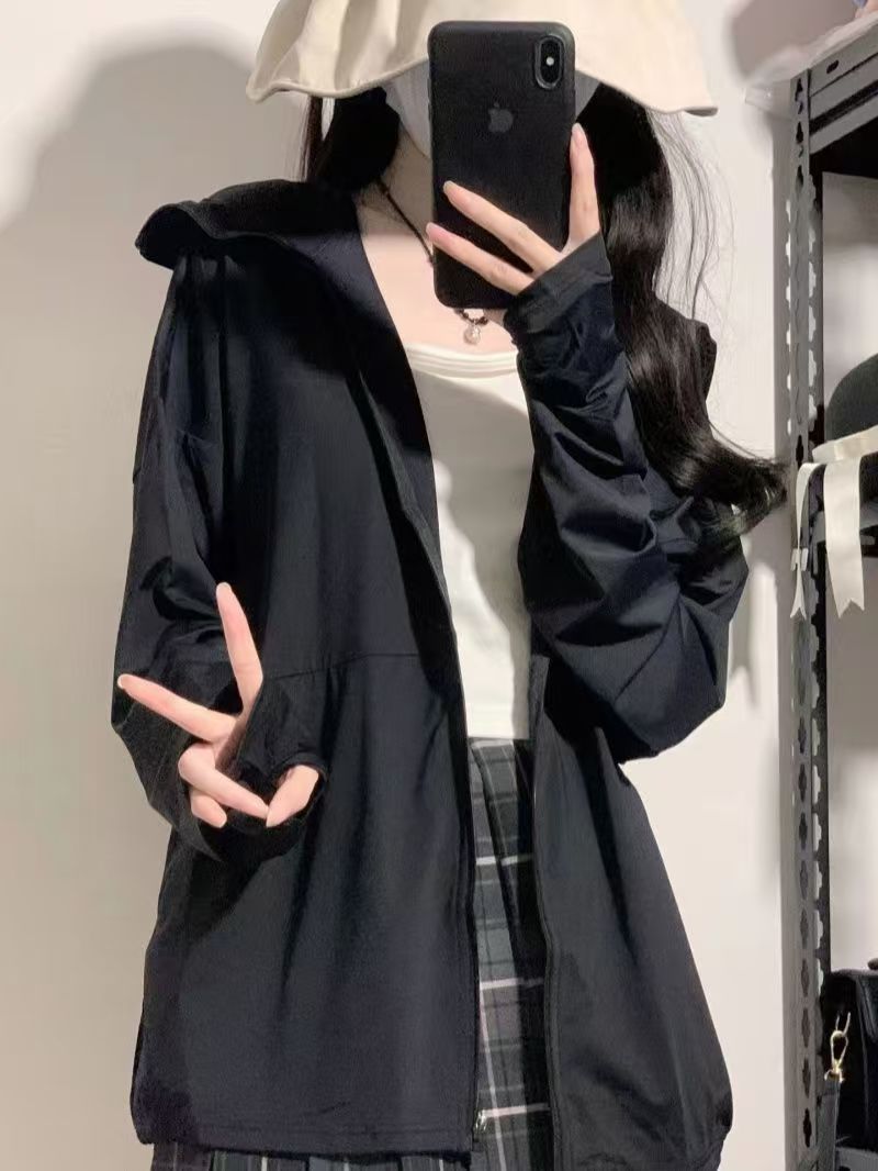 Summer ice silk sun protection clothing women wear thin breathable zipper long sleeve hooded coat loose.
