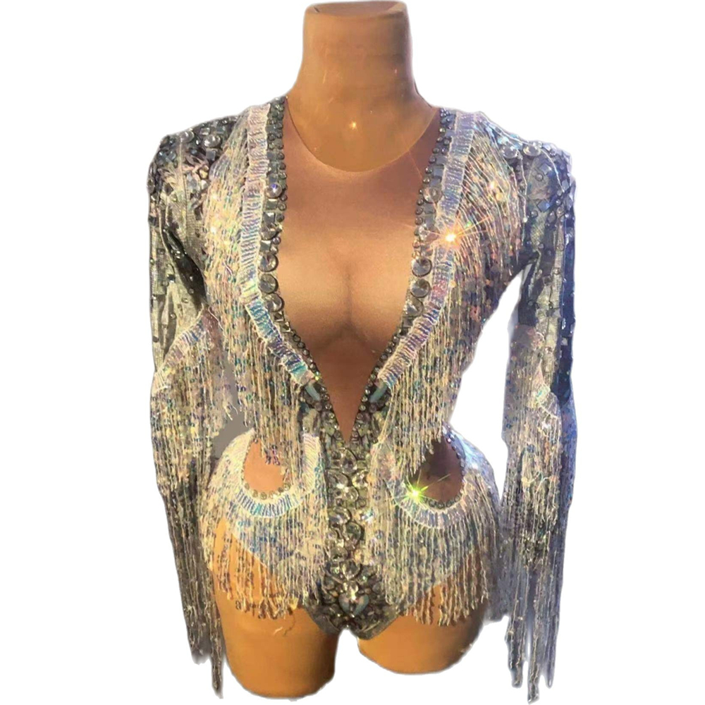 Sparkg Sier Women Stretch Dance Fringes Bodysuit Club Bar Singer Leotard Stage Wear Rhie Sequin Tassel Party Jumpsuit