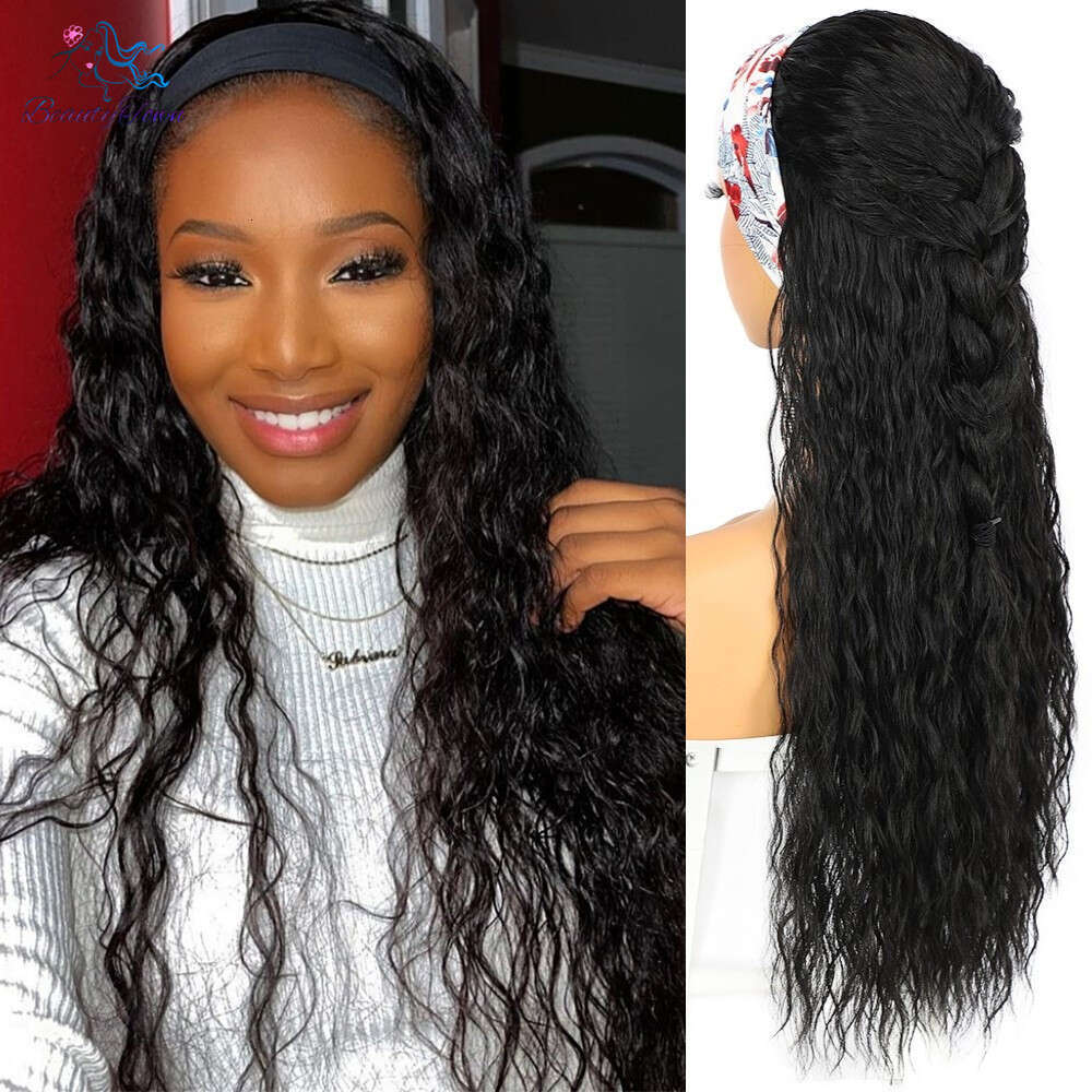 Kinky Curly Headband For Women Daily Black Scarf Wig 26Inches Long Party Travel Holiday Glueless Synthetic Wigs 2 Free Bands