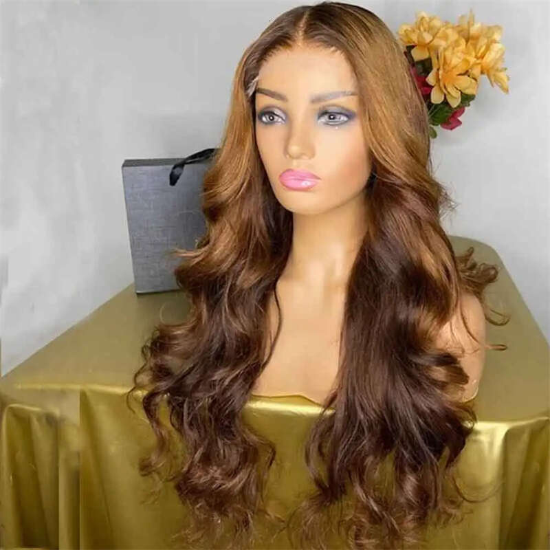 Body Wave Ombre Honey Brown 30 Inch HD Transparent Lace Front Wig For Women With Baby Hair Synthetic Preplucked Daily Party