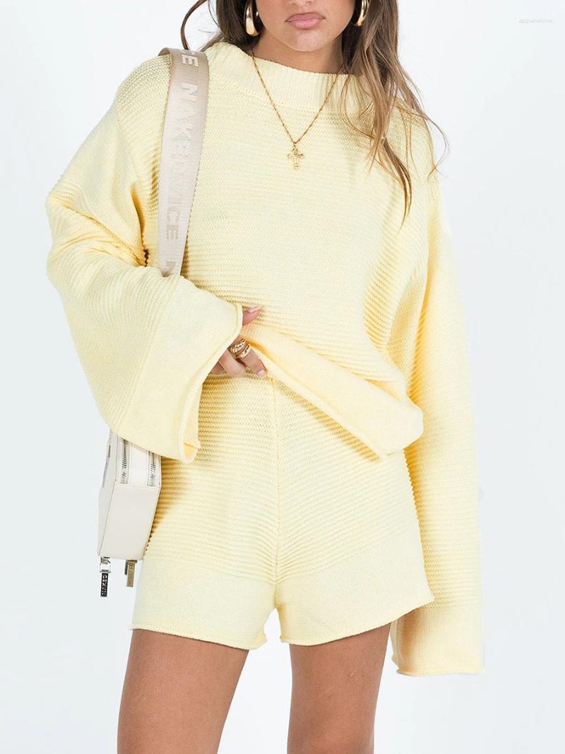 Women's Tracksuits Women 2 Pieces Short Sets Autumn Knit Outfits Solid Color Long Sleeve Round Neck Pullovers Tops High Waist Shorts Set