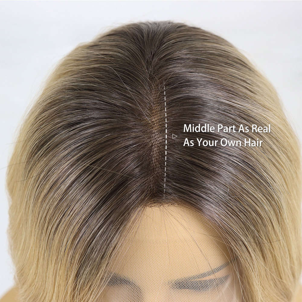 Ash Synthetic Lace Front Wig Long Highlight Natural Wave For Women Dark Roots Blonde Straight Heat Resistant Cosplay Wigs