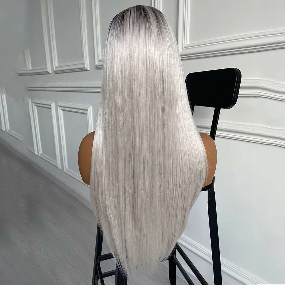 Ombre Ash Synthetic Front Wigs Silky Straight Colored Cosplay For Women Dark Roots Sier White Lace Wig