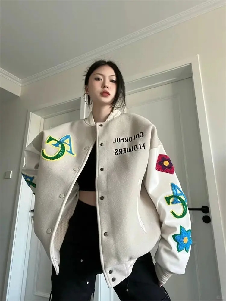 Retro American Embroidered Baseball Uniform Ins Autumn And Winter Korean Version Of Loose Womens Jackets Sweet Coat Women 240907
