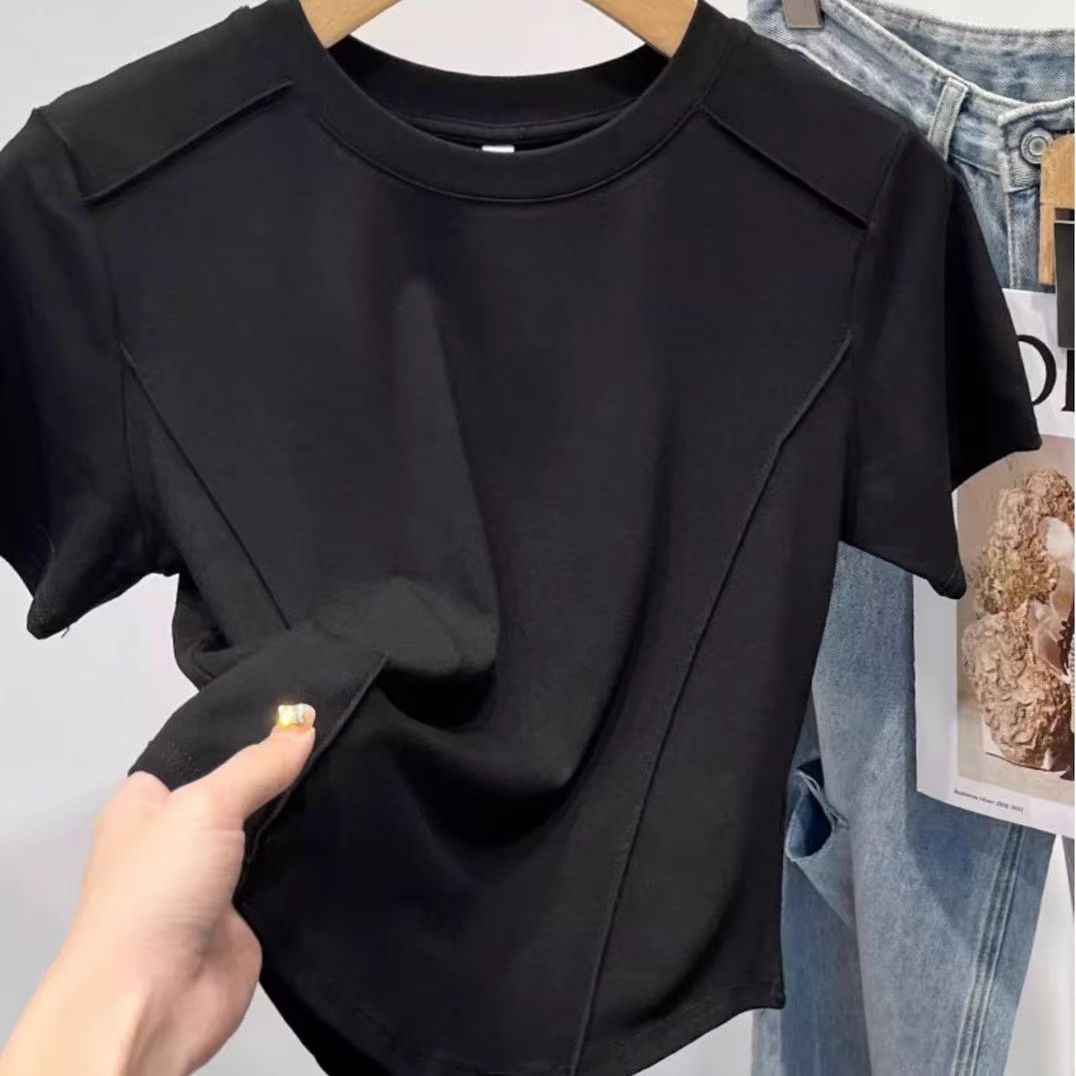 Women's T-shirt solid color round neck short sleeve slim designer T-shirt women's 2025 summer western style age-reducing top