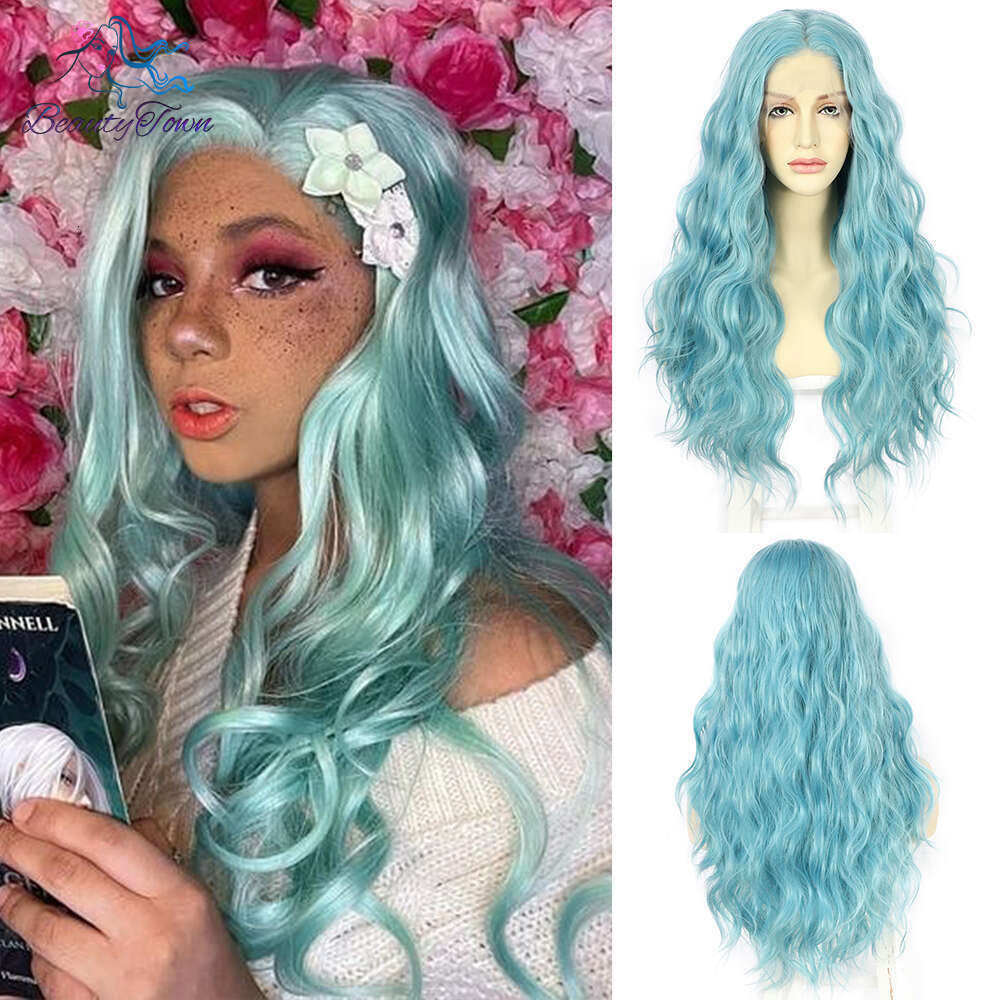 Green Colored Snythetic Front Wigs Long Body Wave HD Transparent Lace Frontal Cosplay Daily Use Wig Blue Blonde Color