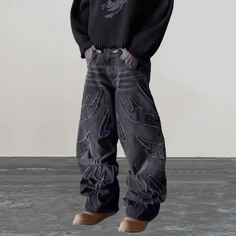 Ropa Y2K Streetwear Flame Embroidery Baggy Stacked Jeans Pants For Men Clothes Harajuku Vintage Women Gothic Denim Trousers 240912