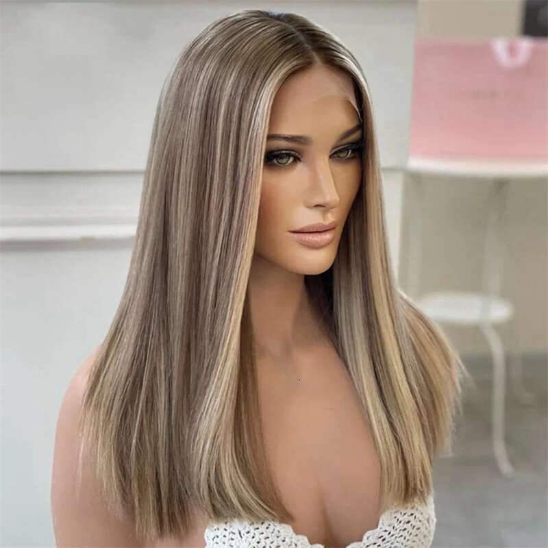 Frontal Long Straight Ombre Brown Colored For Women 13X4 Synthetic Lace Front Wigs HD Pre Plucked Natural Looking Wig