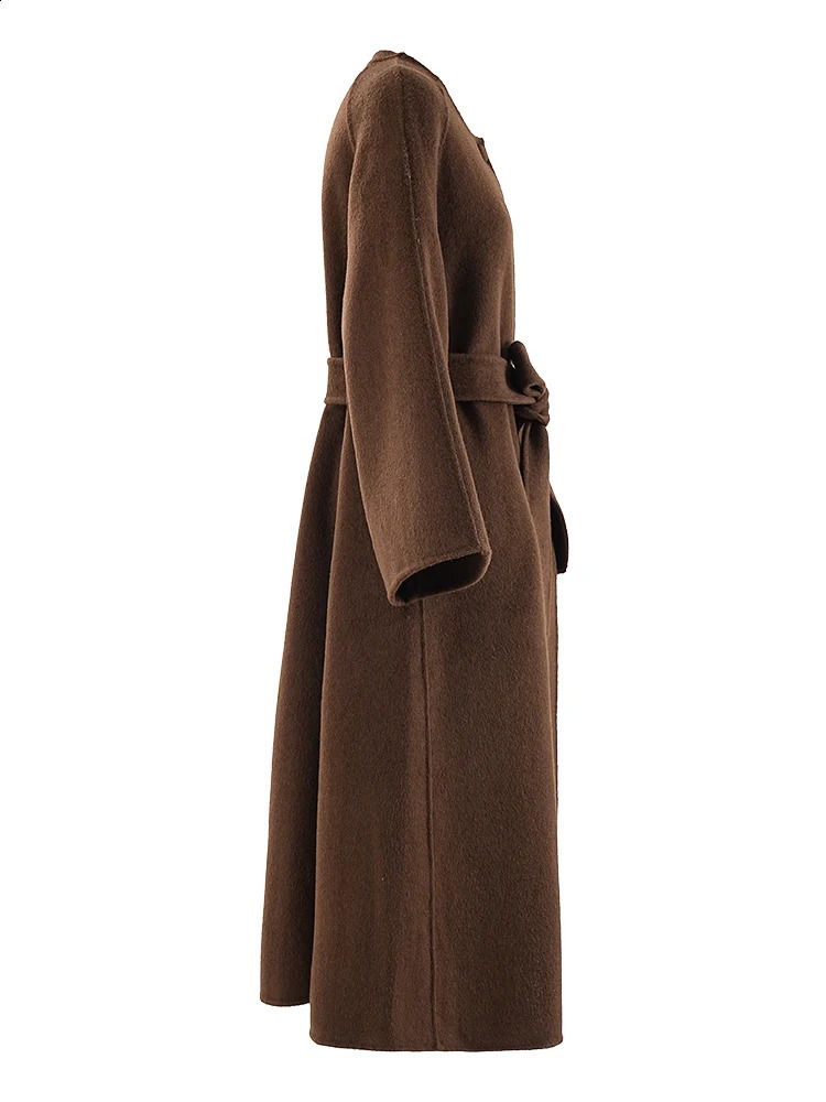 LANMREM Autumn Winter Woolen Coats Round Neck Double Sided Belt Overcoat Female Fashion Clothing CPG1808 240911