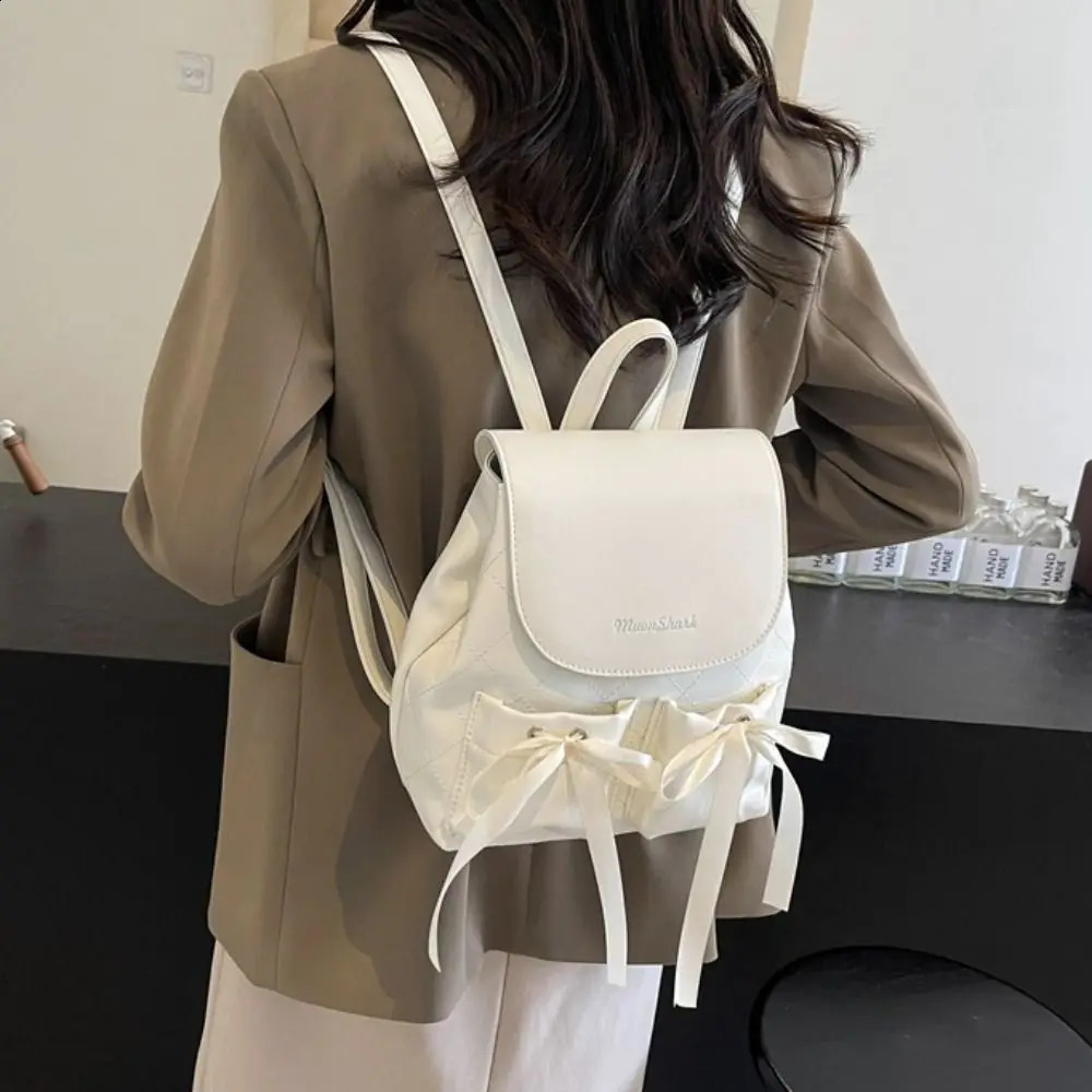 Korean style bow backpack ballet style double bow nylon drawstring Knapsack large capacity solid color Y2k school bag 240912