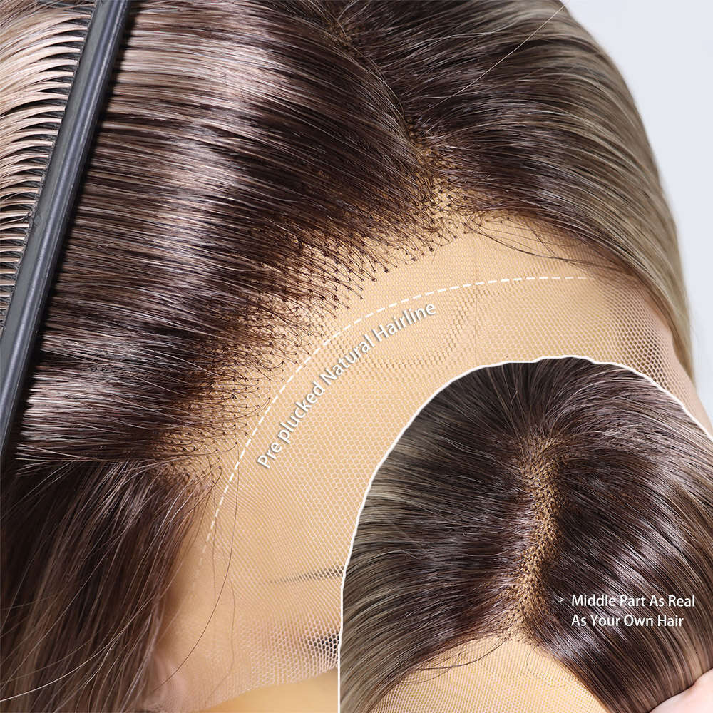 Brown Highlight Synthetic Lace Front Wigs Dark Roots 13X3 Colored Silky Straight Blonde Pre Plucked Wig For Women