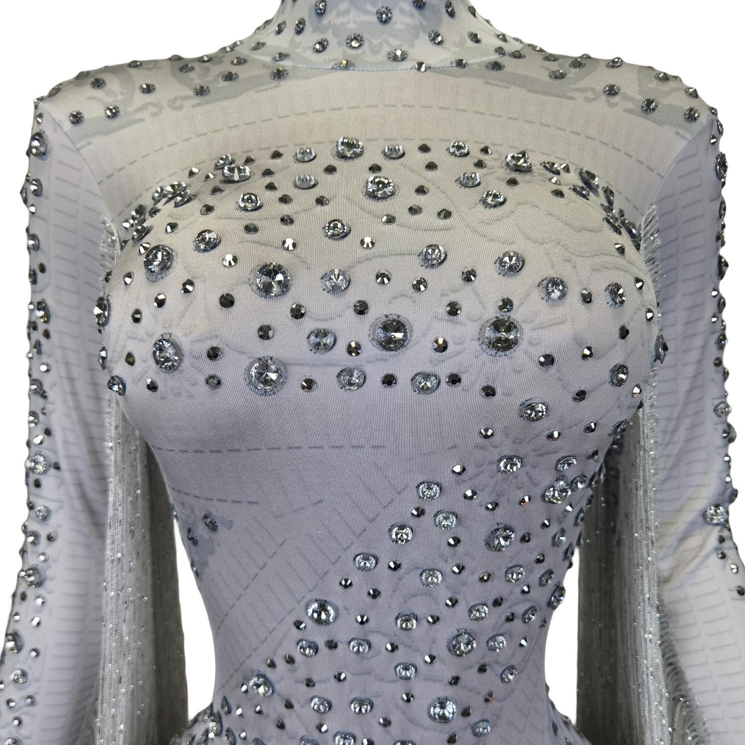 Sparkle Rhie Women White Bodysuit Long Sleeve Tassel Rompers Performance Costumes Lady One Piece Dia Sequin Jumpsuit