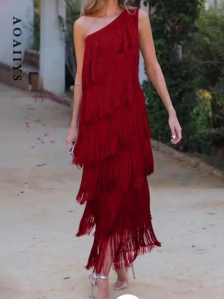 Aoaiys Womens Printed Dress with Diagonal Shoulders Unique Tassel Beach Style Sexy Asymmetric Elegant Fashion 240913