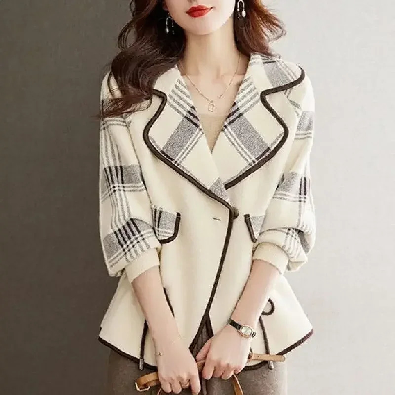 Colorblock Plaid Crop Clothes Coats for Women Loose Wool Blend Blazer Woman Check Short Tweed Outerwears Green Jacket Spring 240911