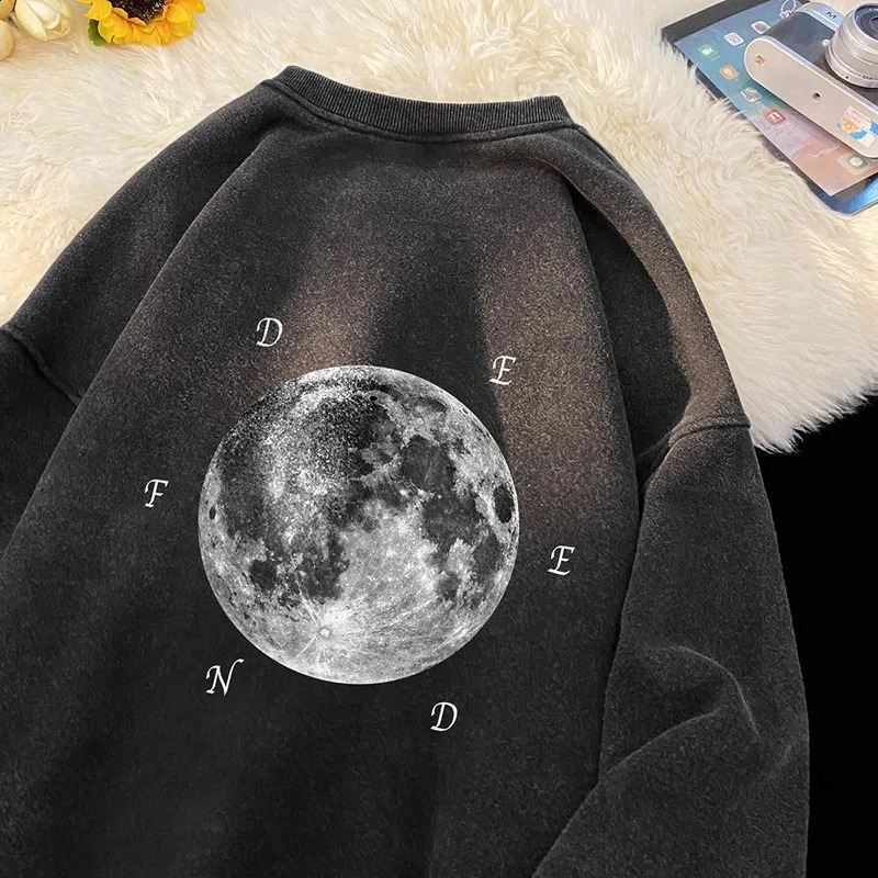 NXXTRESS Vintage batik Letter moon Print O-Neck Hoodies Casual Loose Hoodies Sweatshirts Long Sleeve Tops Streetwear Pullovers 240911