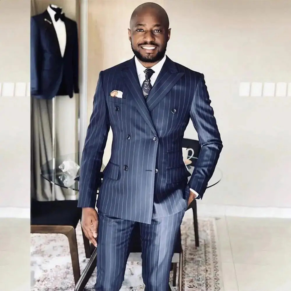 Sell Blue Striped Male Suit Formal Casual Wedding Set 2 Piece Business Lapel Double Breasted Blazer with Pants 240914