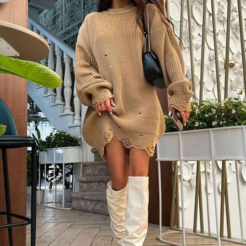 Loose solid color perforated sweater mid to length autumn/winter 2024 spring/autumn round neck pullover long sleeved knit