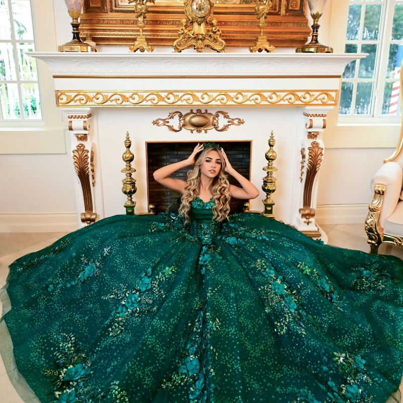 Blackish Green Quinceanera Dress For Sweet 16 Dress Girl Sequined Beaded Handmade Flowers Graduatin Party Prom Dress vestidos de 15 anos
